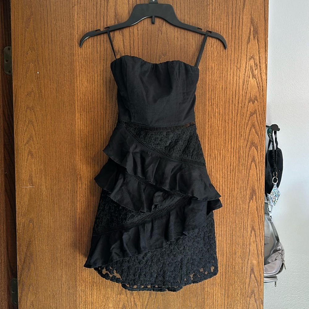black lace ruffle tie back dress